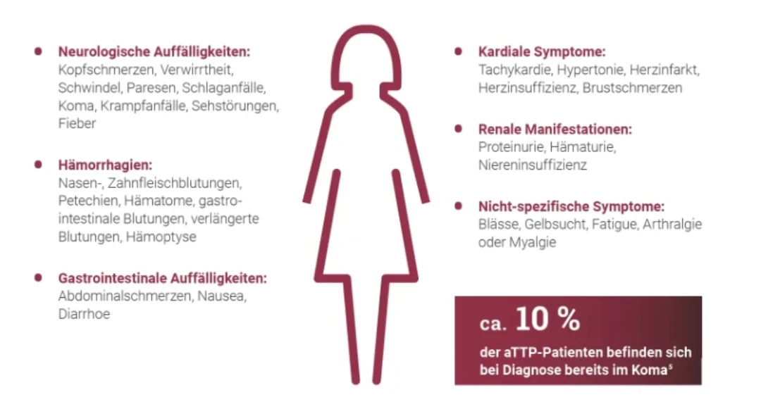 Eine Liste klinischer Symptome bei TTP, kategorisiert in neurologische, kardiale, renale, hämorrhagische, gastrointestinale und unspezifische Manifestationen, wobei 10% der Patienten befinden sich bei der Diagnose bereits im Koma.