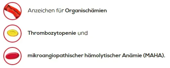 Ein Diagramm mit drei Hauptmerkmalen der TTP: Anzeichen für Organischämien, Thrombozytopenie und mikroangiopathische hämolytische Anämie (MAHA), jeweils dargestellt mit farbigen kreisförmigen Symbolen.